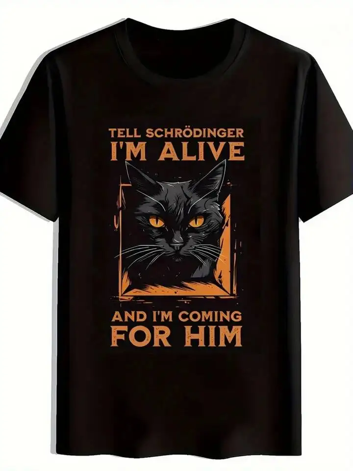 Men's T-Shirt Vintage Cat With Orange Eyes And Schrodinger Humor Meme Tee Hip Hop Women Harajuku Y2k Streetwear Oversized 100%