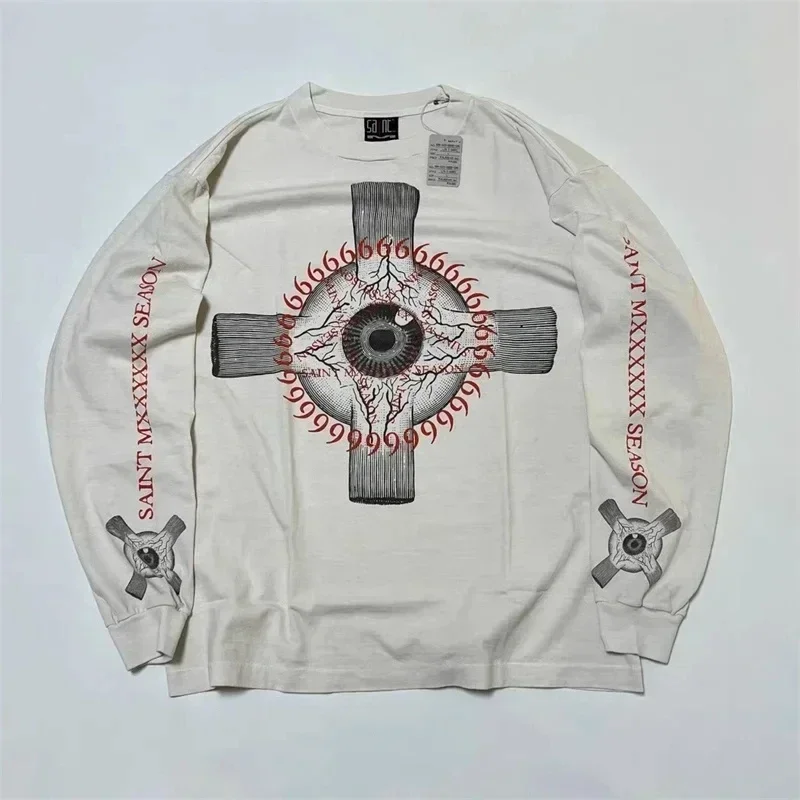 24ss Oversized SAINT MICHAEL Pullovers Cross Print Washed White Oversized Long Sleeved T-Shirts
