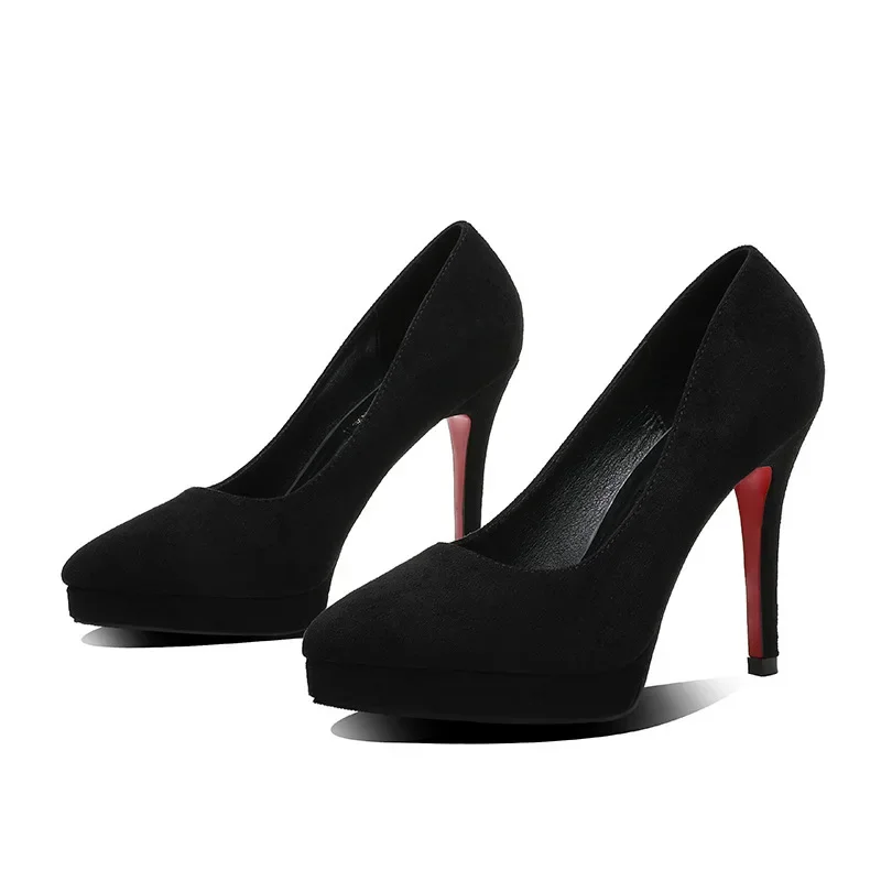 2023 Women 10cm 12cm High Heels 2cm Platform Pumps Nightclub Sude Flock Black Lady Extreme Thin Heels Red Bottom Catwalk Shoes