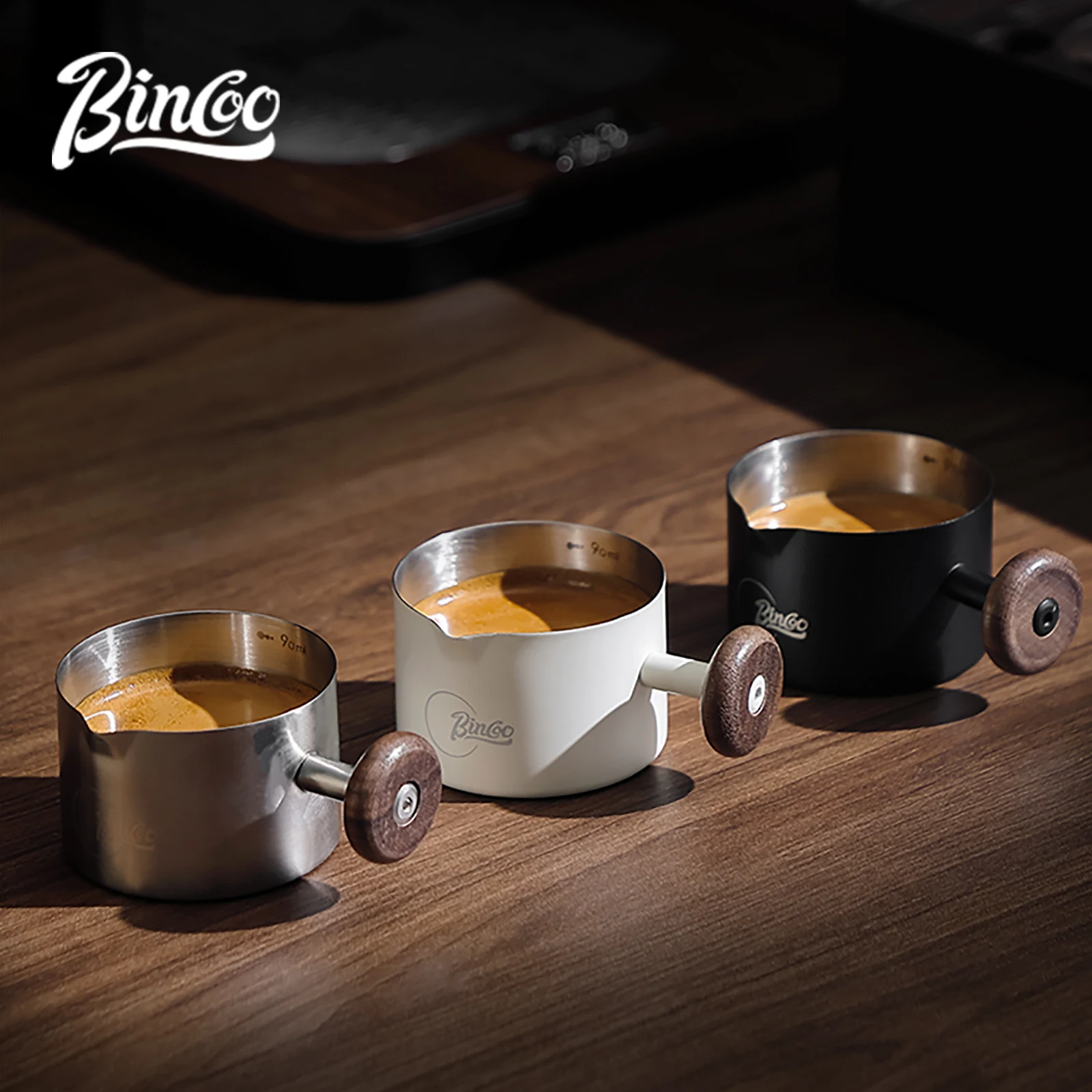 

Bincoo Wooden Handle Coffee Measure Cup 100ml Large Capacity Stainless Steel Dosing Cup with Measurement Marks