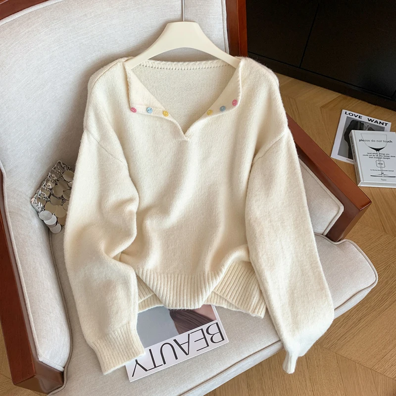 

Высококачественный женский свитер в ленивом стиле с v-образным вырезом на осень и зиму, свободный вязаный свитер во французском стиле, топ