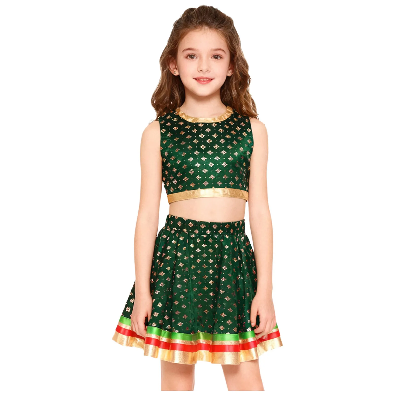 Ragazze India Lehenga Choli Vestito da ballo Satiny Broccato Cerniera Canotta corta e gonna con orlo a righe Costume da principessa indiana