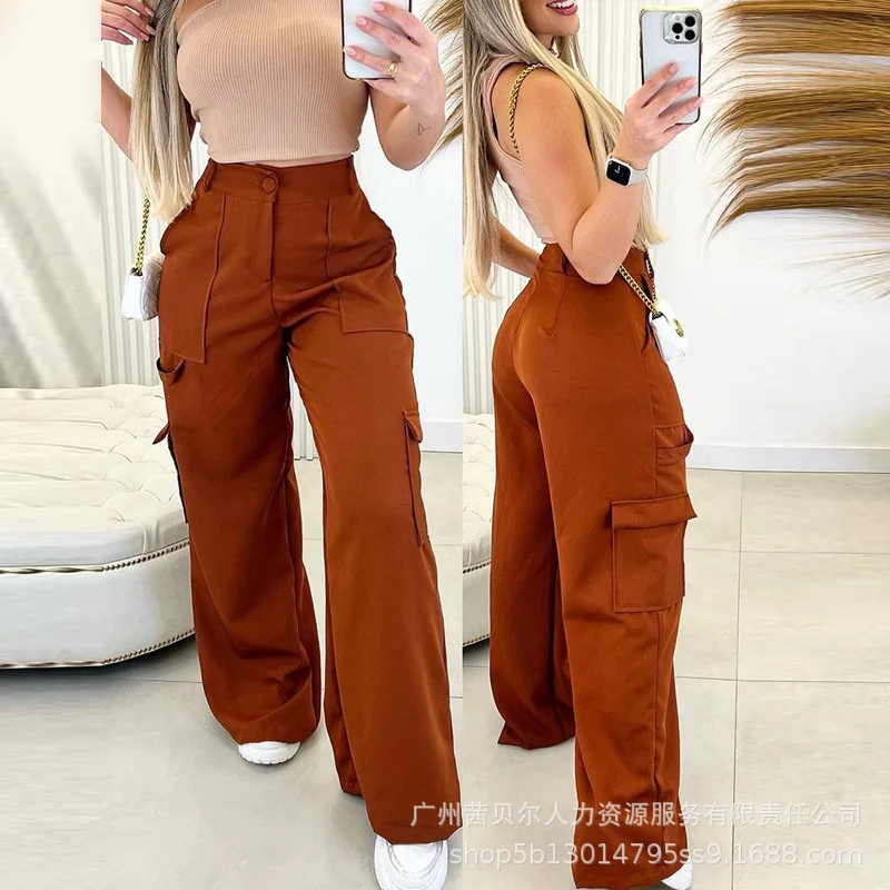 

2025 girl cute Women's Clothing New Capris Pants Hot selling Green Casual Patch Bag High Waist Wide Leg Pants woman women Capris