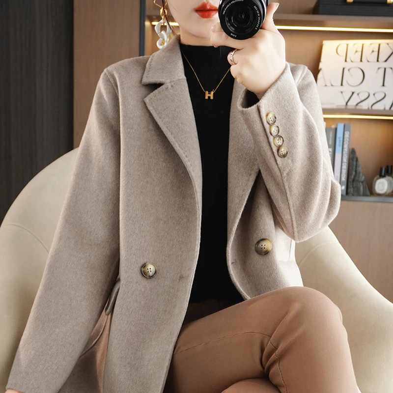 Autumn Winter New Double Sided Woolen Coat Women's Polo Collar Long Sleeve 100 Pure Wool Pocket Minimalist Temperament Wool Coat