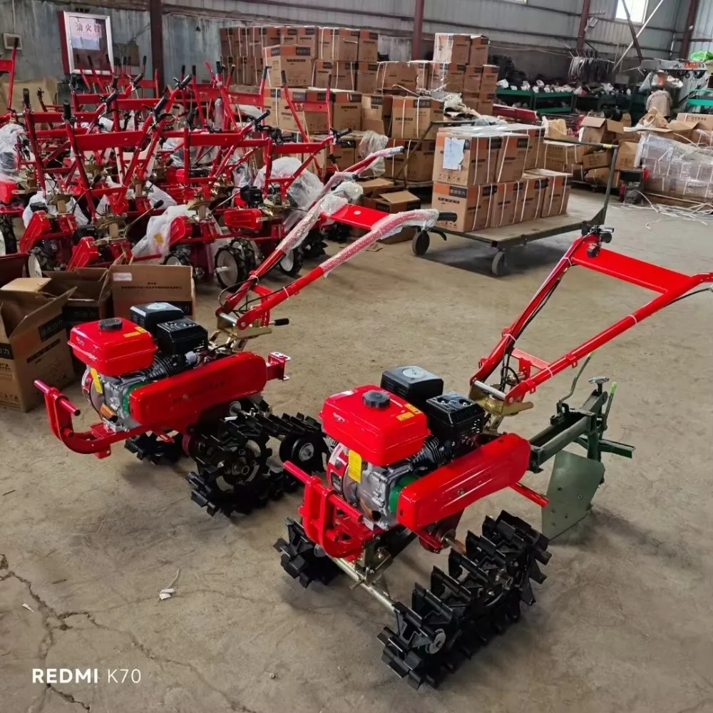 Petrol 9HP/177F Double Chain Rail  Micro Tiller Mini Farm Garden Crawler Cultivator Ploughs Machine+Flip Plow