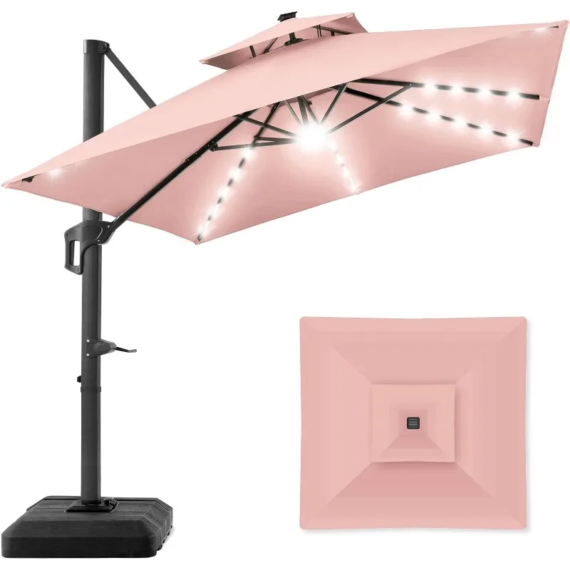 10x10ft 2-Tier Square Cantilever Patio Umbrella with Solar LED Lights, Offset Hanging Outdoor Sun Shade