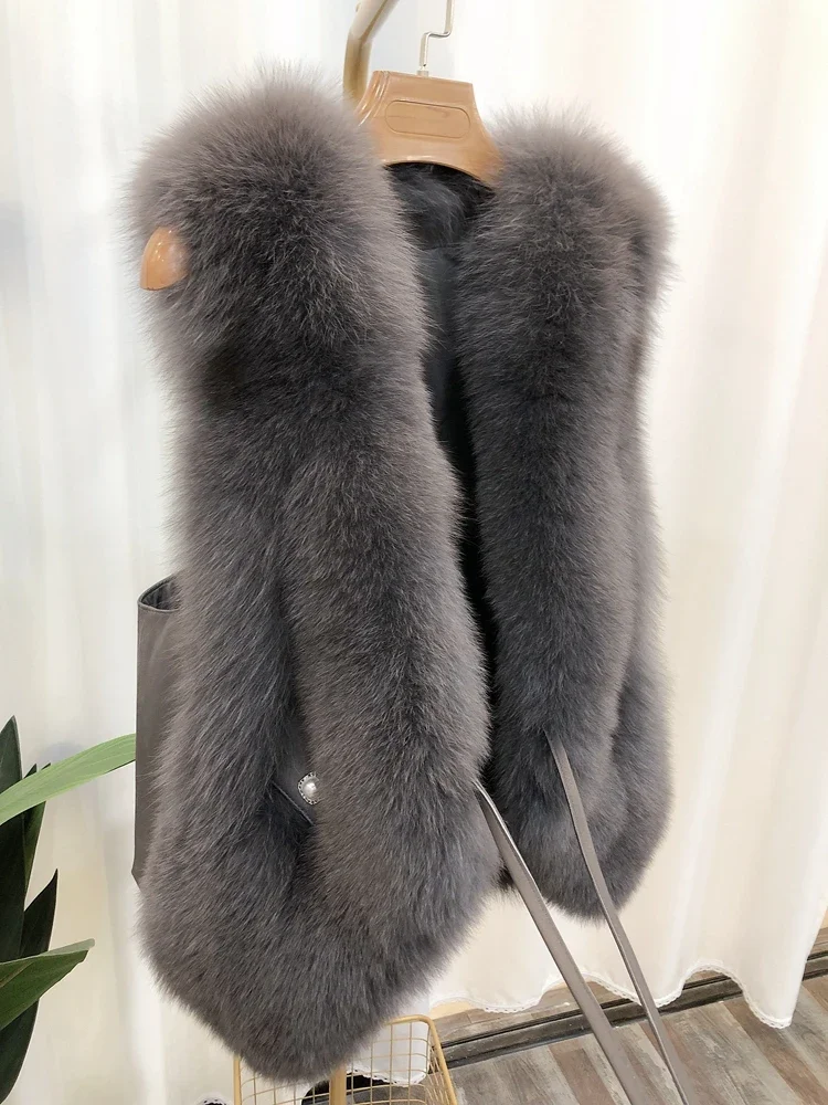 Natural Fox Fur Vest Sleeveless Outwear spring autumn Winter Thick Vest Fox Fur Jacket Fashion Fur Gilet Coat Sheepskin