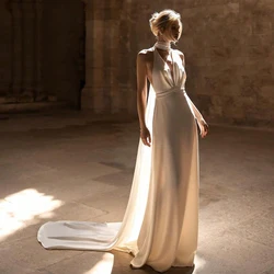 Halter Deep V Satin Wedding Dress Backless Long Train Minimalist Sleeveless Elegant Bridal Gown Simple Beach Wedding Party Dress