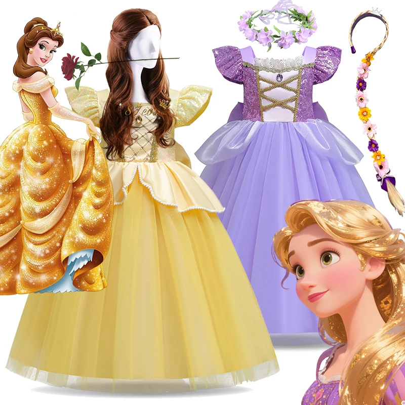 Vestido de princesa Rapunzel Belle Disney para niñas, disfraz de Carnaval, vestido de fiesta de cumpleaños, ropa, Vestidos para 1-12 años