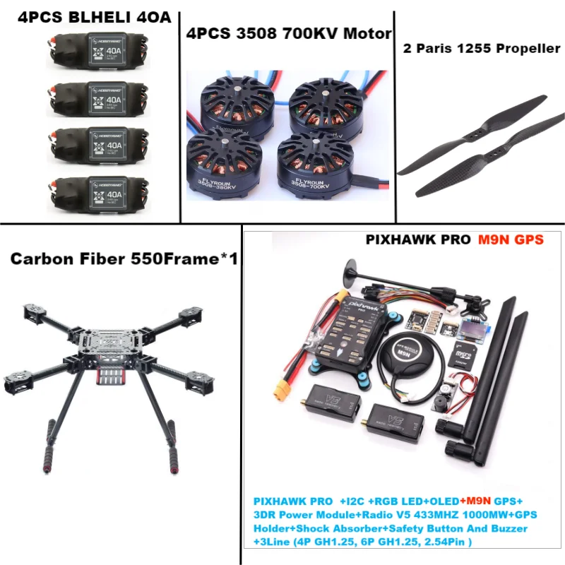 RctoSk 550 Hexa Frame PIXHAWK PRO M9N Controle de vôo Carbono Ardupilot Rádio Telemetria Quadcopter BLHELI 40A 3508 700KVMotor ESC