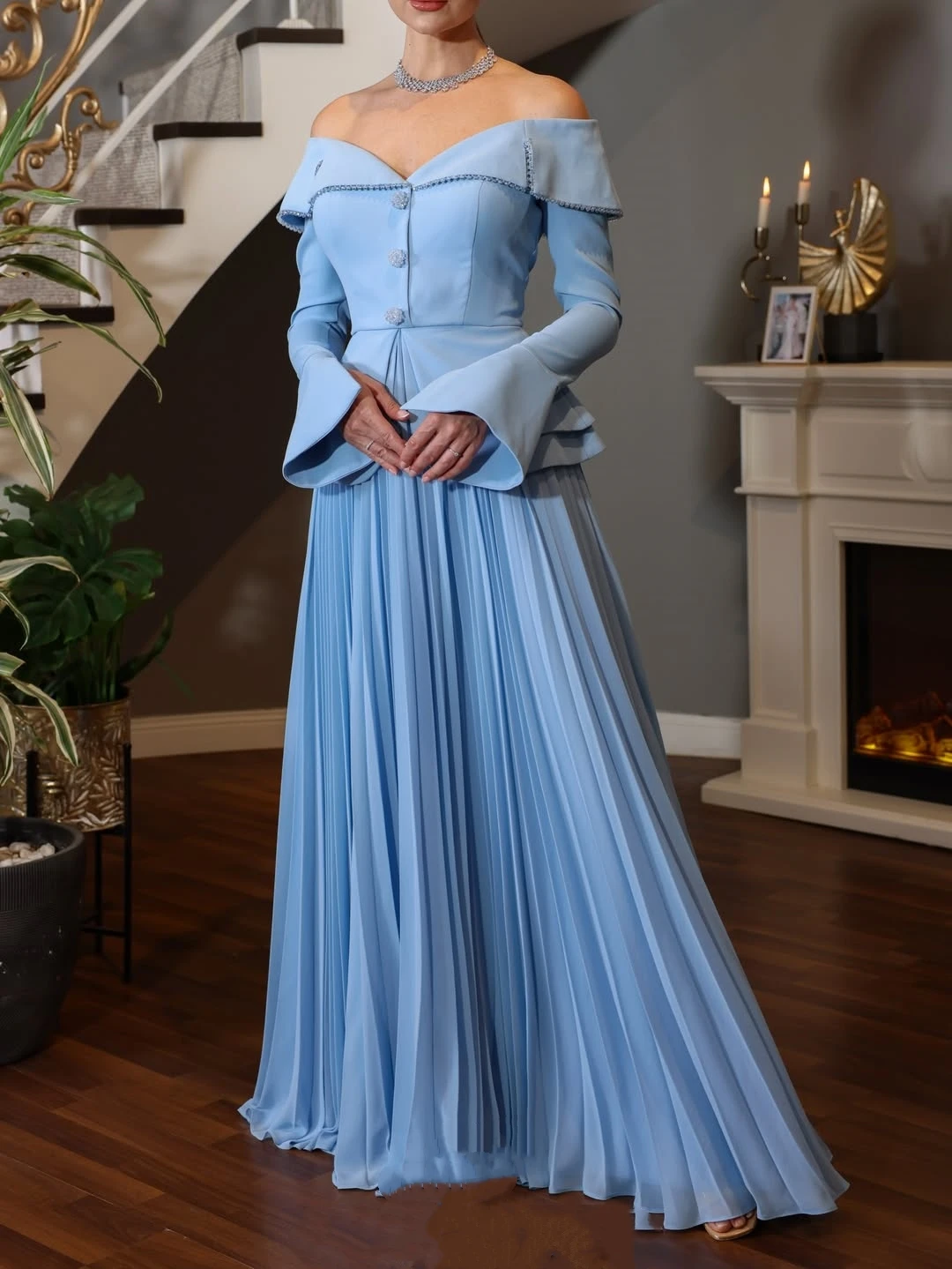 Vestidos de Festa Oisslec Elegantes Vintage Azul Doce com Decote Canoa em Chiffon Personalizados para Ocasiões Formais e Festas Noturnas