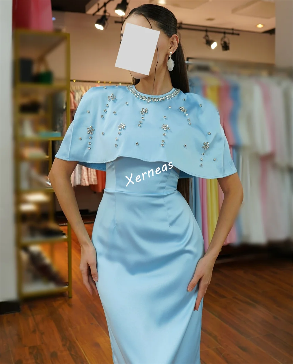 Customized Charmeuse O-Neck Rhinestone A-line Midi Dresses Bespoke Occasion Shawl Women's Evening Party Gown Sparkle Formal