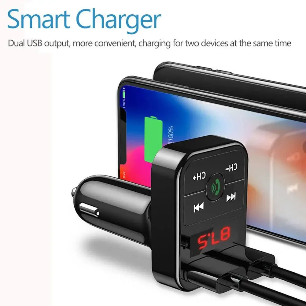 جهاز إرسال FM بلوتوث للسيارة 3.1A منفذ USB مزدوج + محول Aux للمكالمات اللاسلكية من النوع C ﻿   شحن راديو الصوت MP3 Playe A1W8