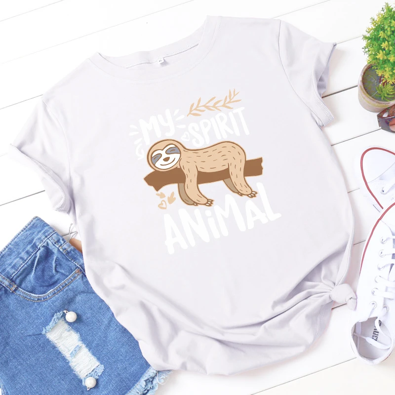 MY SPIRIT ANIMAL Sloth Print Women T Shirt Short Sleeve O Neck Loose Women Tshirt Ladies Tee Shirt Tops Clothes Camisetas Mujer