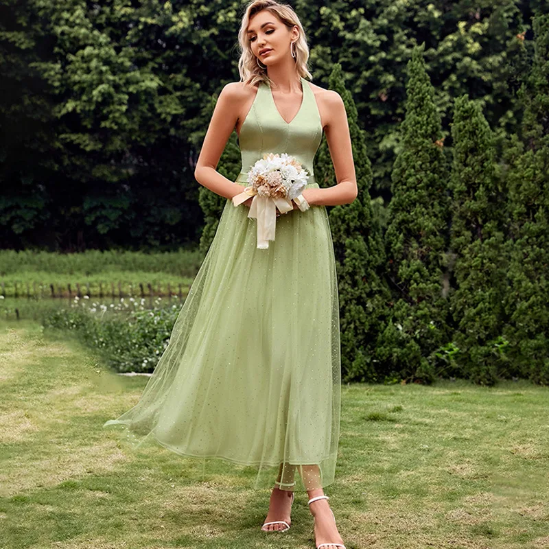

Sexy Tulle A Line V Neck Pleat Halter Bridesmaid Dresses Wedding Party Prom Homecoming Birthday Cocktail Ankle Length Zipper