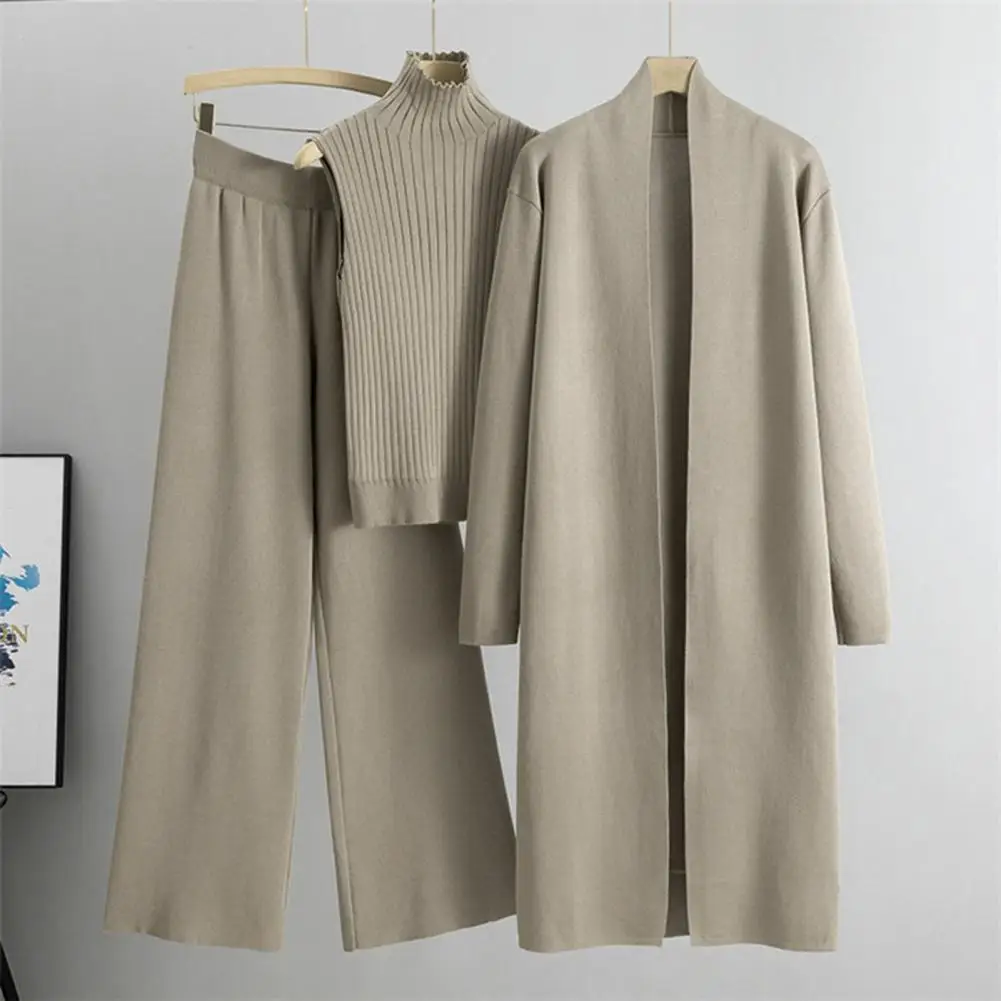 

3 Pcs/Set Women Coat Vest Pants Set Knitted Stretchy Turtle Neck Sleeveless Top Cardigan Coat Wide Leg Trousers Autumn Clothes