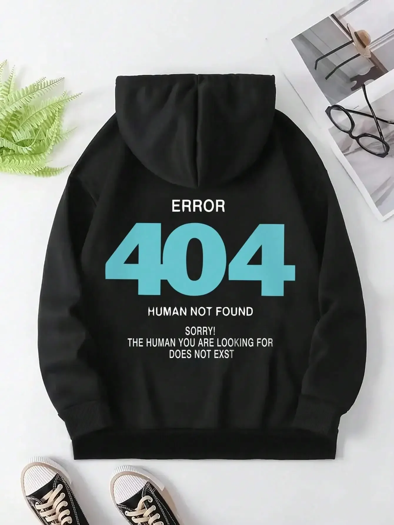 Mens Error 404 Hoodie Funny Human Not Found Slogan Graphic Pullover Oversized Streetwear Long Sleeve Sweatshirt Aesthetic