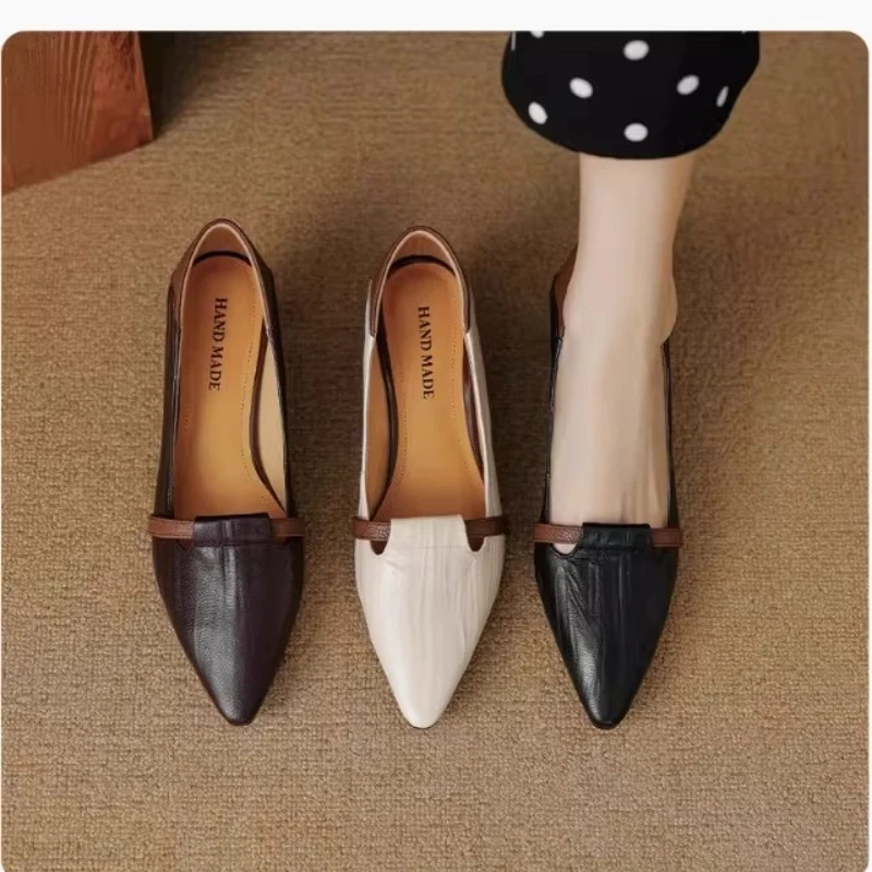 

Женские туфли на низком каблуке в стиле французского ретро — Новинка Весны 2026: Повседневные туфли с острым носком из натуральной кожи в стиле колор-блок