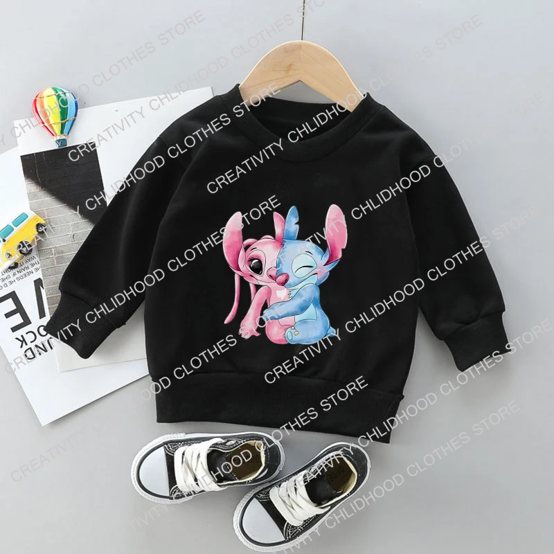 New Stitch Sweatshirts Children Pullover Cartoons Anime Casual Clothes for Girl Boy Kid Kawaii Fashion Black White Tops