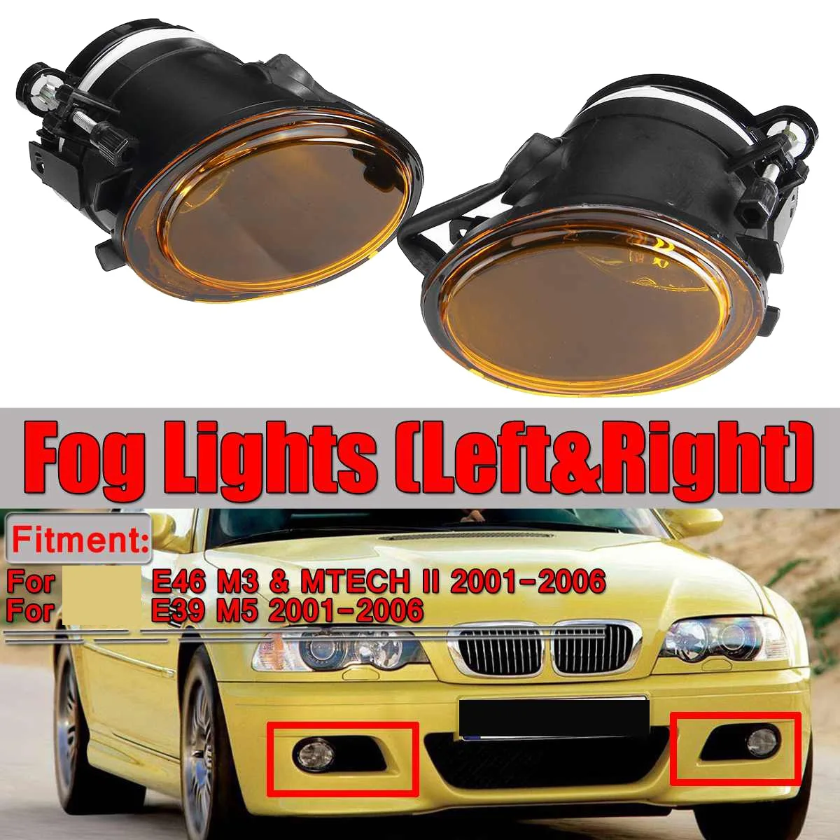 2PCS Car Front Fog Lights Fog Lamp Yellow Replacement for E46 M3 II E39 M5 2001-2006 63177894017 63177894018