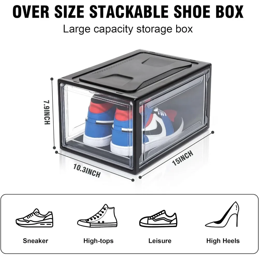 12-Pack Shoebox, Black Acrylic Plastic Shoebox Stackable, Space-Saving, Foldable Front Pull Shoe Storage Box