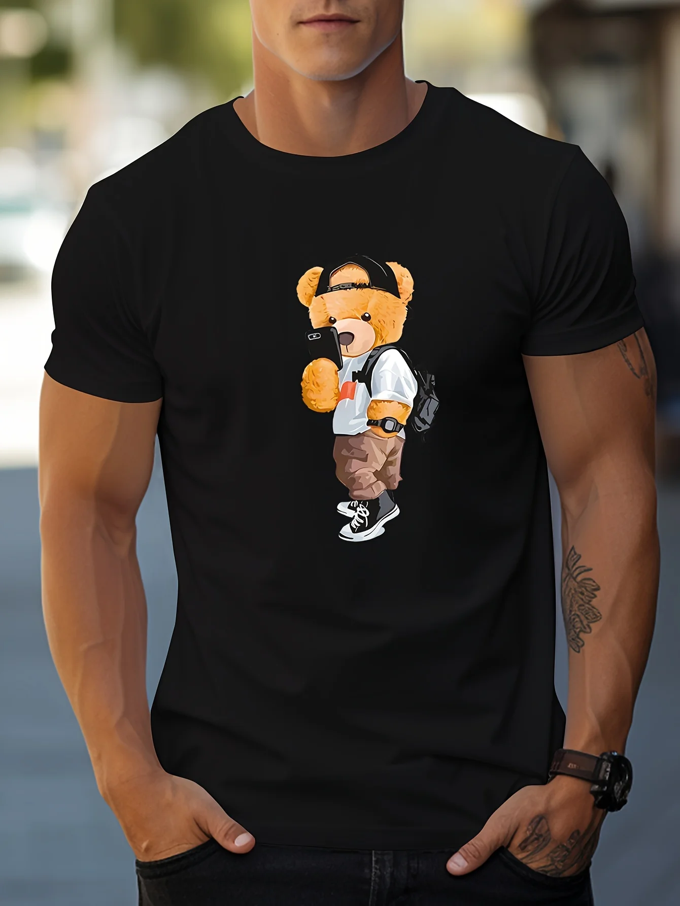 

Trendy Bear pattern design -100% cotton summer short sleeve O-neck casual printed men's T-shirt.