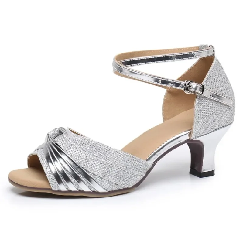 รองเท้าเต้นรำละตินผู้หญิงระยิบระยับรองเท้าเต้นรำแบบไม่มีเชือกผูกสำหรับผู้ใหญ่รองเท้าเต้นซัลซ่าแทงโก้3.5/5.5ซม.