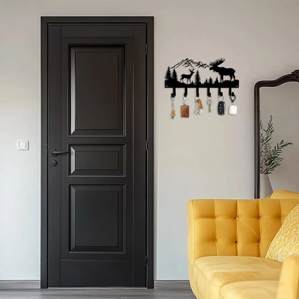 6 Hooks Metal Key Hooks Rustic Farmhouse Style Black Key Organizer Hanger Wall Mounted Forest Metal Art Decorative Wall Hook
