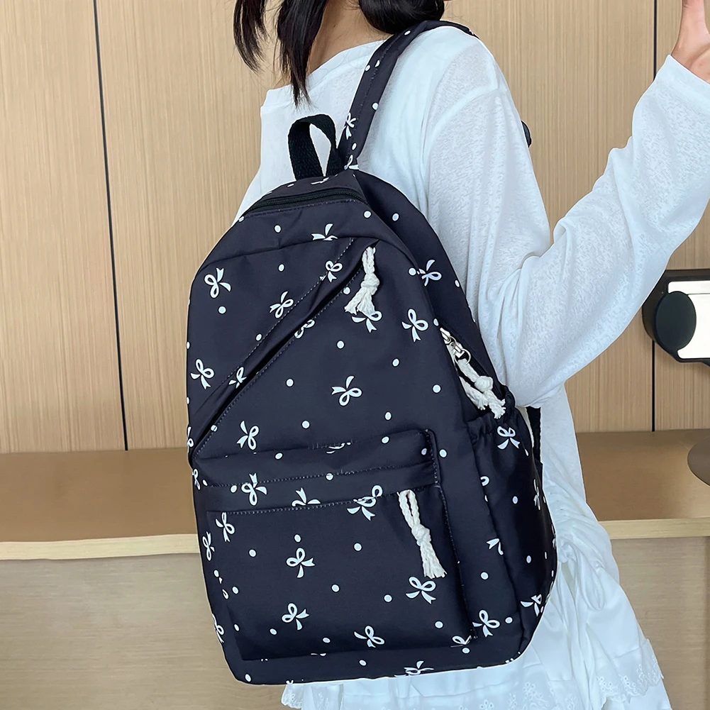 3 Pcs/Set Cute Backpack Large Capacity Bow Print Nylon School Backpacks with Lunch Box and Pencil Case Notebook Schoolbag