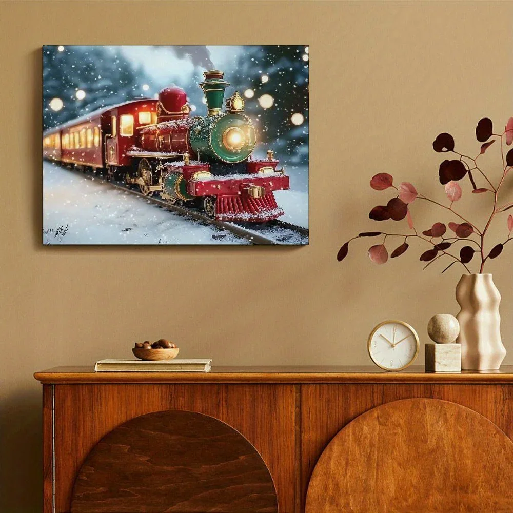 Decoración navideña de pared para invierno, tren de Navidad, decoración del hogar, adecuada para sala de estar, dormitorio, regalo de Navidad con marco, 1 ud.