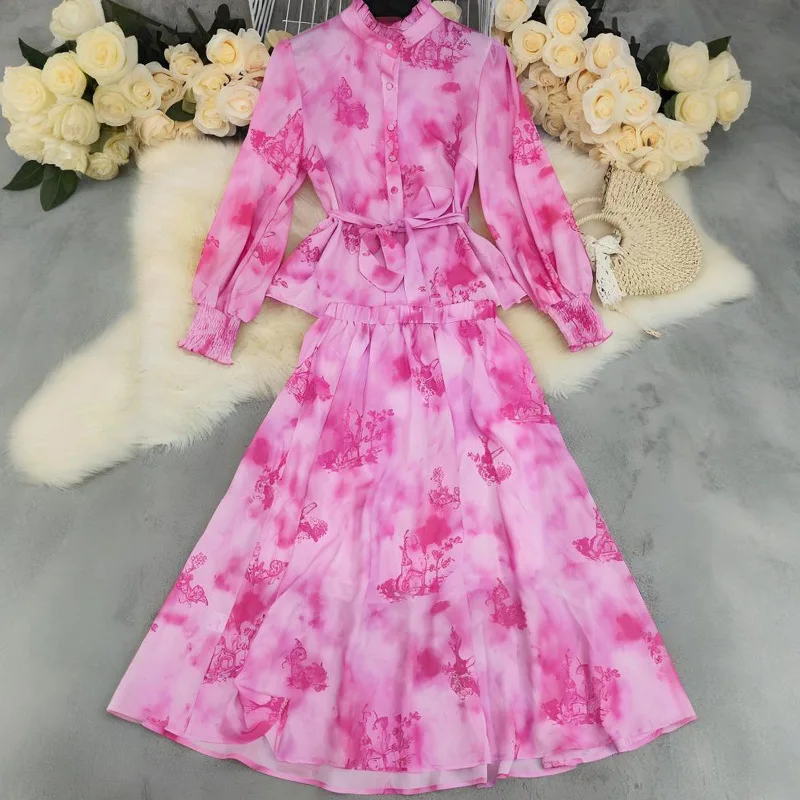 

Осенняя модная повседневная рубашка с рукавами-фонариками и воротником-стойкой, однобортная приталенная рубашка с принтом + комплект юбки до щиколотки с восточной талией