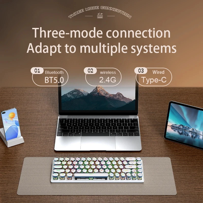 Punk Mechanical Keyboard 2.4G Bluetooth Wireless Type C Wired Tri-Mode RGB Backlit 68Keys Keypad Blue Axis Keyboard Universal