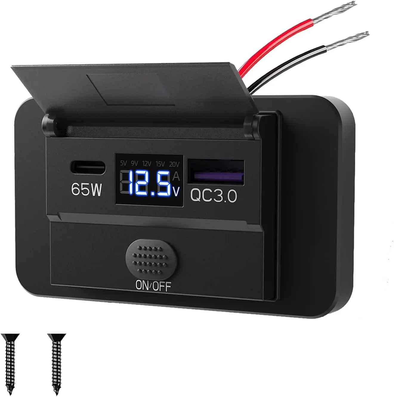 83W 12 Volt USB Outlet Car Charger 65W PD3.0 & 18W QC3.0 USB Port Socket with Switch and Voltmeter for Car RV Marine Golf Cart