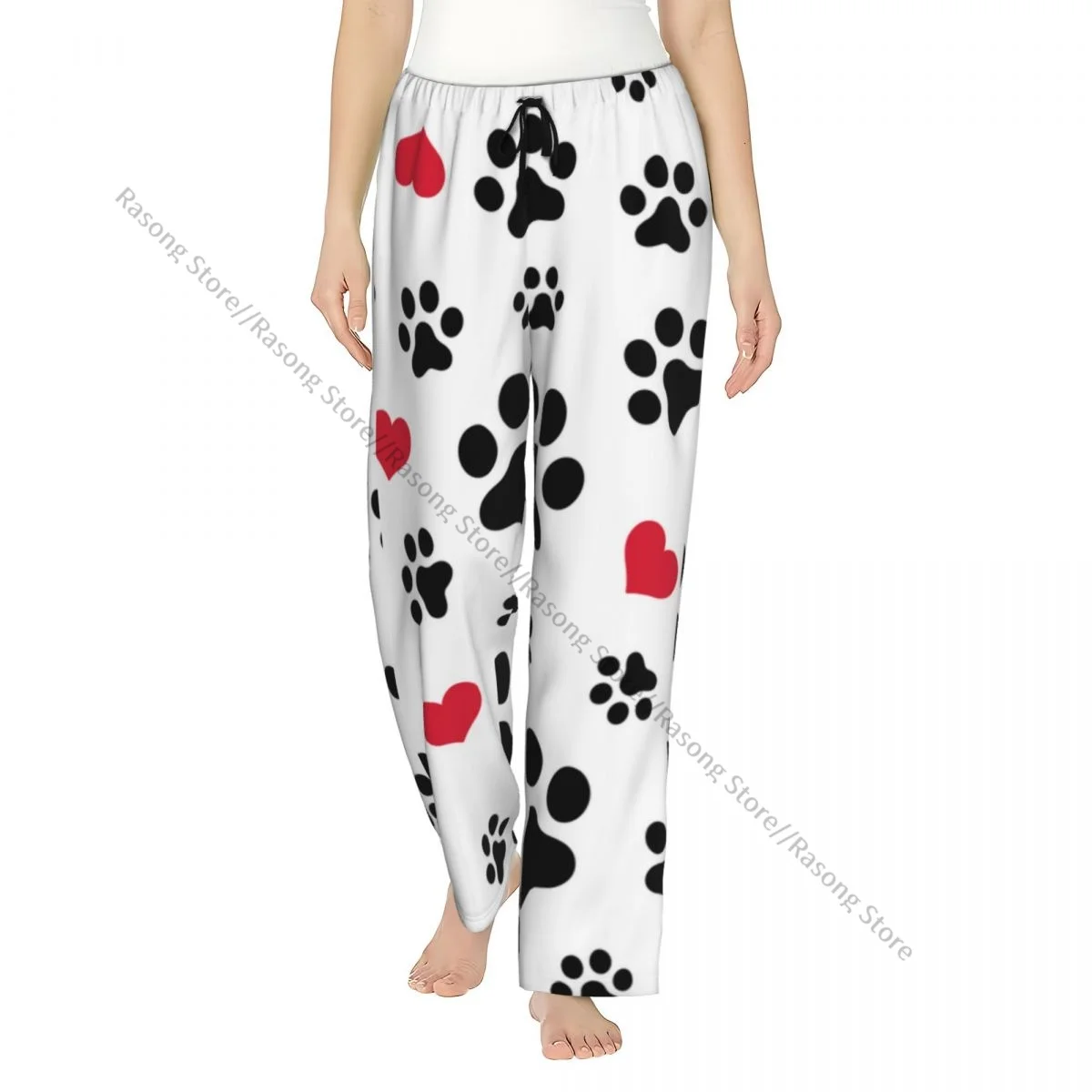 

Dogs And Cats Paws Heart Love Print Flannel Pajama Pants for Women Soft Warm Sleep Pants with Elastic Waistband