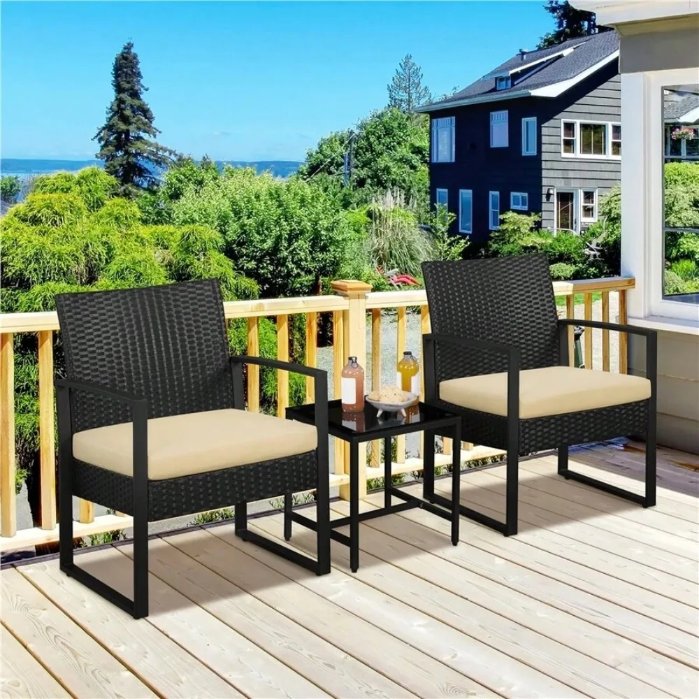 3 Piece Outdoor Wicker Furniture Set with 2 Rattan Chairs and 1 Coffee Table Conversation Patio Set for Backyard Garden Porch Balcony Use All Weather Durable Metal Frame Rustic Modern Design Easy Assembly Handwoven PE Rattan Sturdy Outdoor Living Space