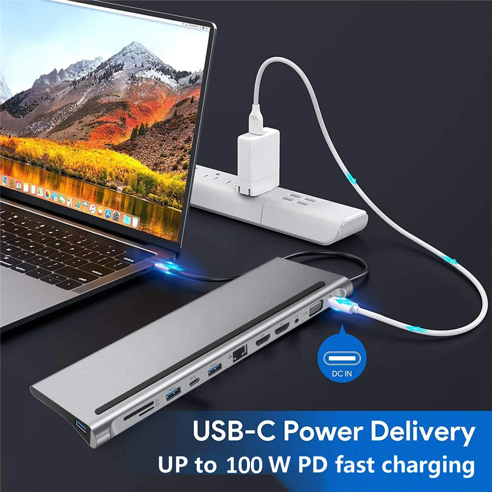 محطة إرساء USB متعددة المحاور 12 في 1 من النوع C وصلة متعددة المحور متوافقة مع HDMI RJ45 Pro قاعدة توصيل لأجهزة الكمبيوتر المحمول Macbook Mac