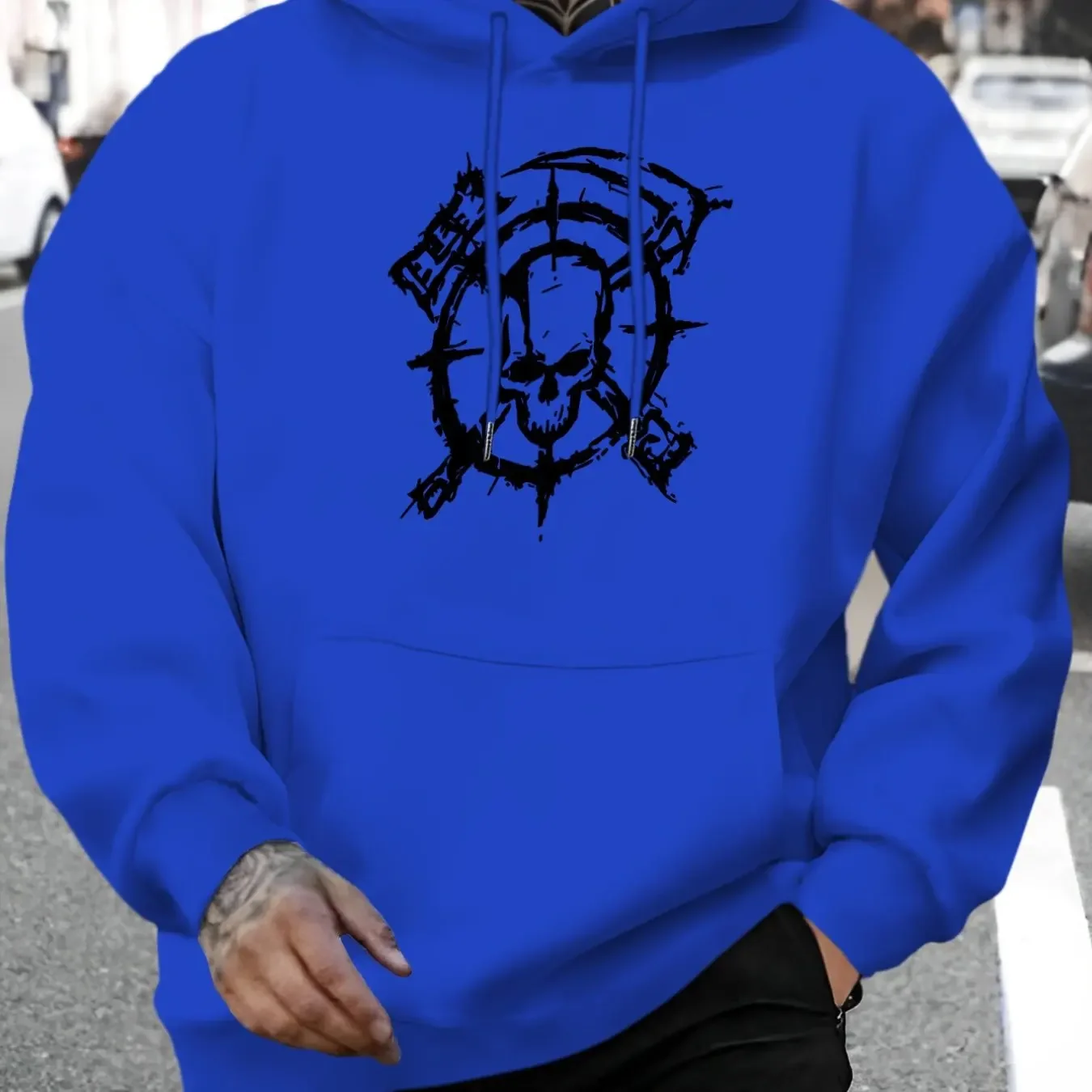 Unisex Fleece Hoodie Sketch Graffiti Skull Target Circle Chest Graphic Punk Street Loose Pullover Sweatshirt Autumn Winter