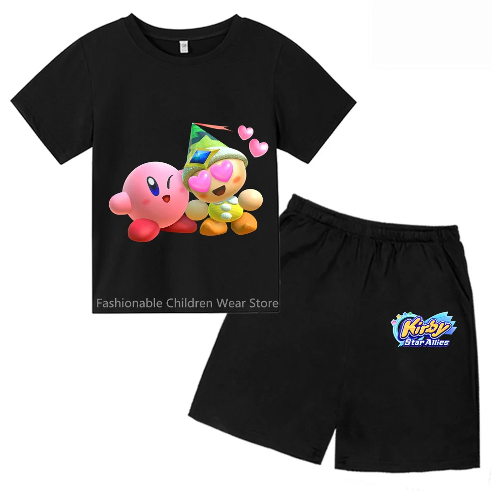 Foodie Star Kirby Print T-Shirt & Shorts Set - Cute Designs For Kids' Summer Fun Fashionable Outdoor Casual Wear For Boys Girls