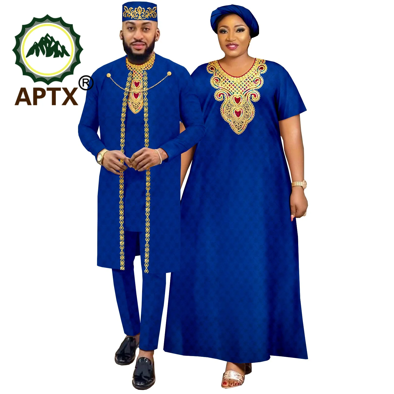 

Bazin Riche Attire African Women Dress for Wedding Men Suit Embroidery Robe Shirt Pants Hat 4 Pcs Set Party Wedding Gown Y22C079