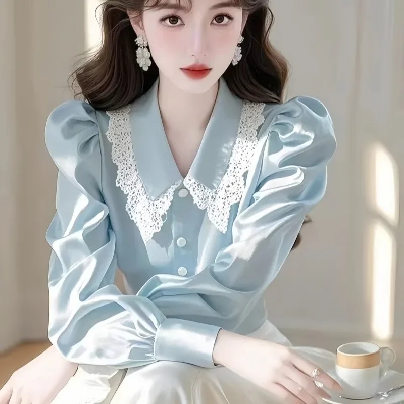 Satin Women's Blouses Lace Patchwork Korean Shirts FASHION Loose Spring/Summer Casual Clothing Solid Long Sleeve Women Tops