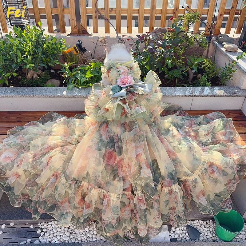 

Handmade Floral Lace Long - Tail Pet Princess Dress, Elegant Costume for Dog & Cat, Apparel Dog Clothes for Small Dogs & Puppies