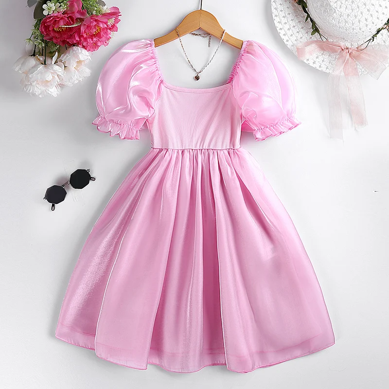 Kids Dress For Girls 8-12Years Pink Bubble Sleeve Square Neck Dress Princess Dress Princess Style Wedding Dress Party Dress