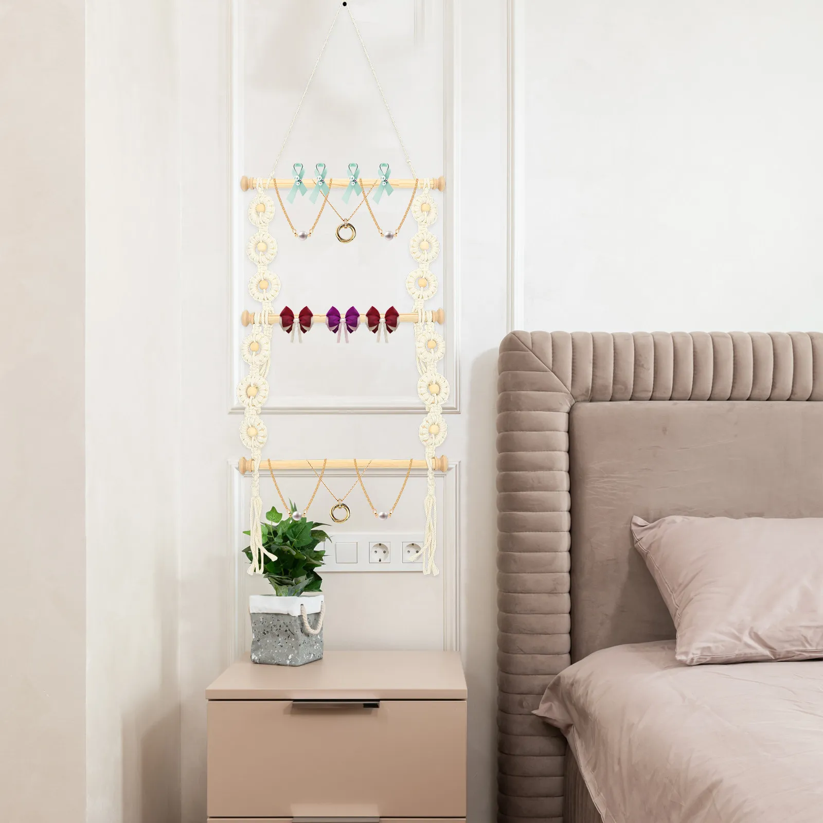 

Hair Clip Holder Hanging Organizer Cotton Rope Pine Stick Multi Functional Storage Hair Accessories Organizer Claw Clip Wall