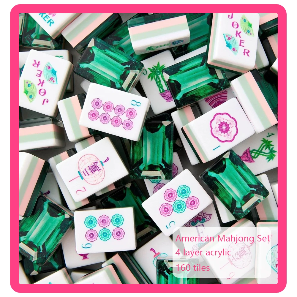 Luxury American Mahjong Set 160 Pcs 4-Layer Acrylic Olive Green MahJong Portable Mahjong Game Tiles Surprise Gift