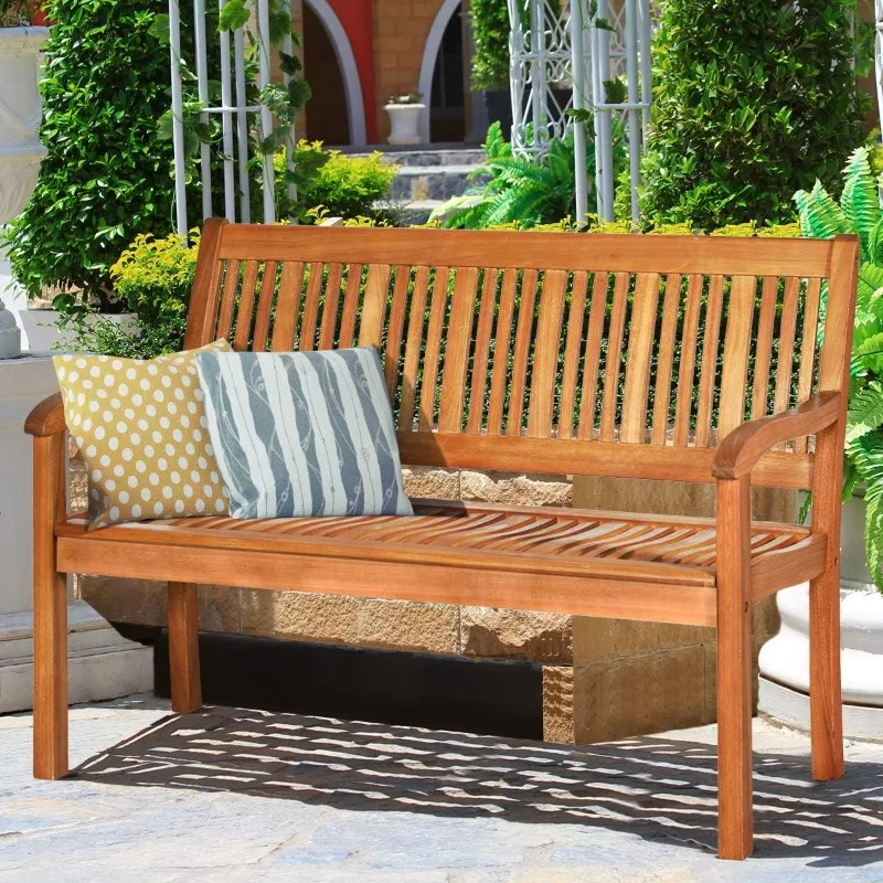 Outdoor Wood Bench, Two Person Solid Wood Garden Bench w/Curved Backrest and Wide Armrest, Large Bench for Patio Porch