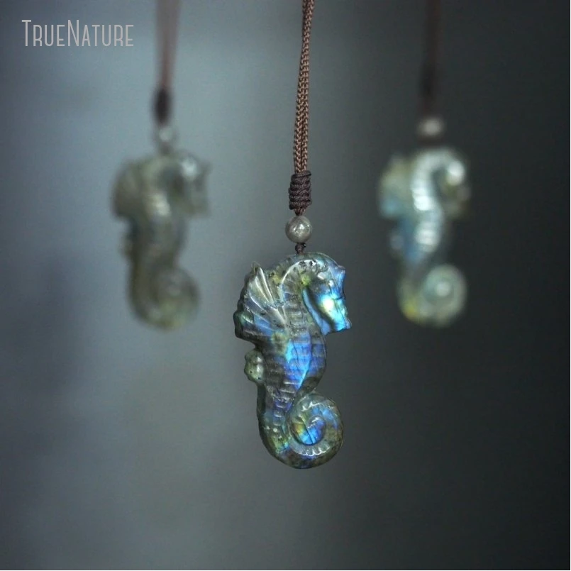 

5Pcs Wholesale Labradorite Jewelry Hand Stamped Knit Seahorse Necklace NM48509