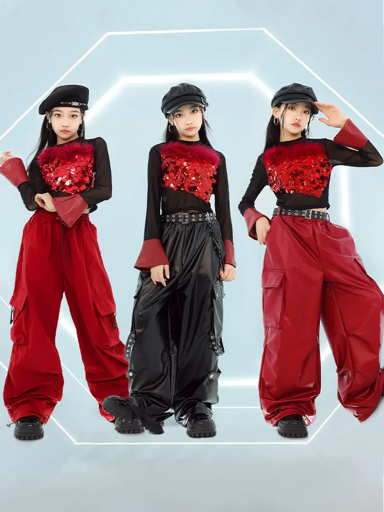 Kind Hip Hop Dance Outfit Mädchen Jazz Dance Kleidung Kpop Bühne Kleidung Pailletten Rot Schwarz Top Shuffle Hosen Street Dance Tragen