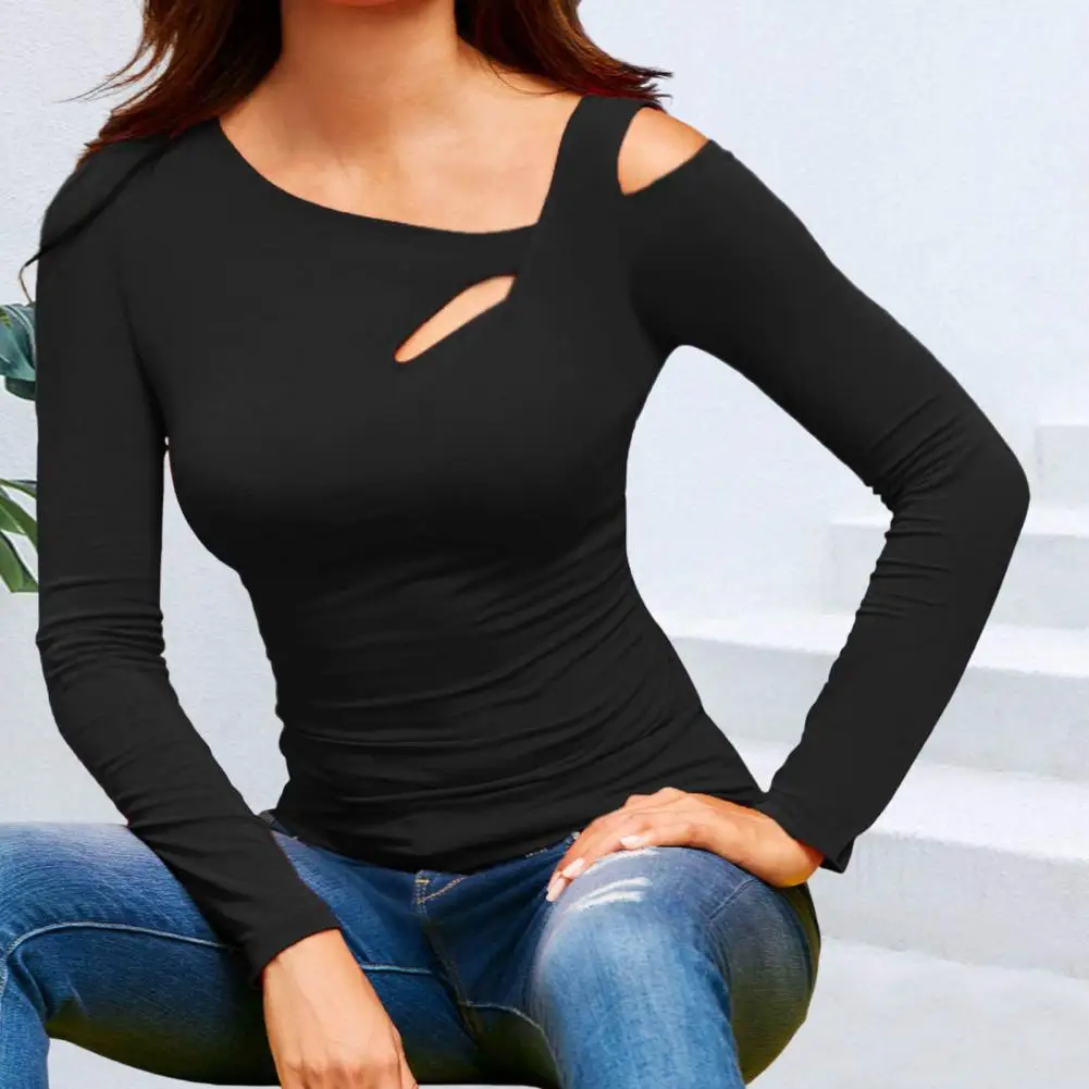 Women Sexy Tops Skew Collar Slanted Shoulder Bottoming Top Hollow Design Slim Fit Solid Color Long-Sleeved T-Shirt 여성상의