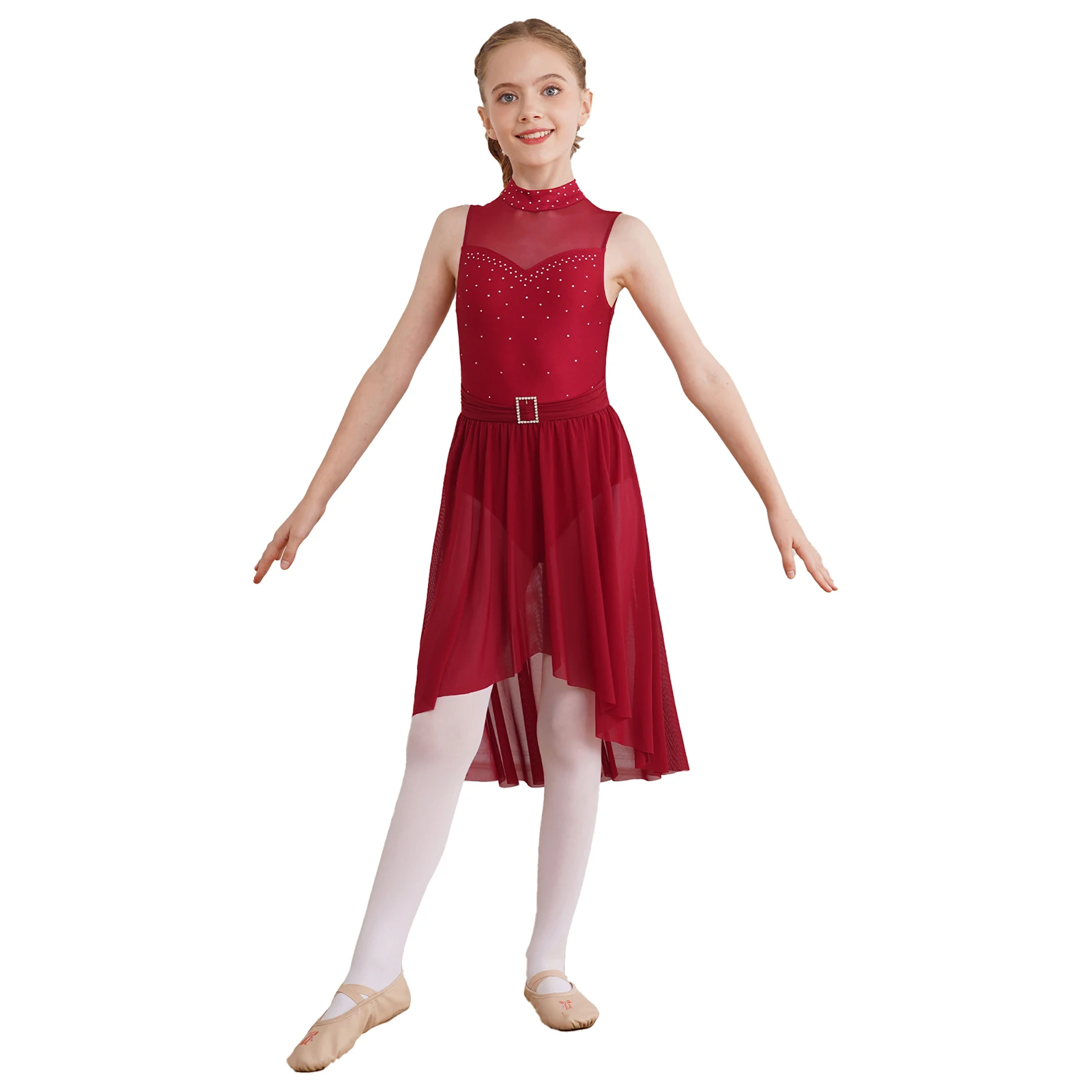 Kids Girls Modern Contemporary Lyrical Dance Dress Sleeveless Hollow High-Low Hem Rhinestone Ballet Leotard Dress Praise wear