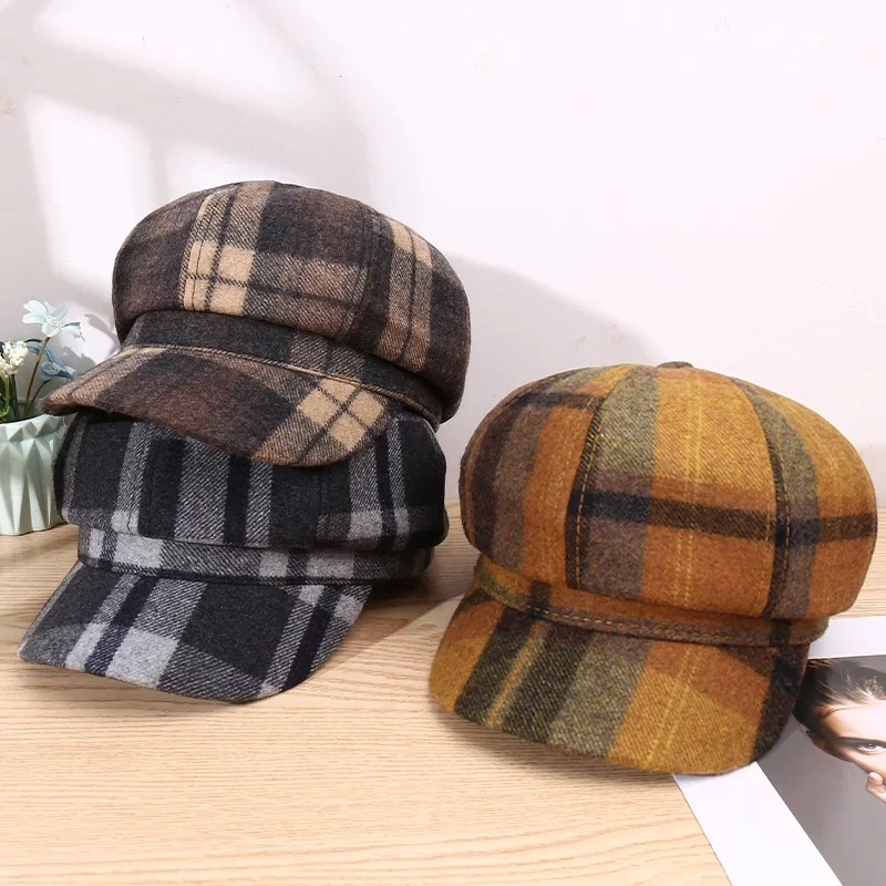 

Autumn And Winter New Woolen Octagonal Hat Color Matching Plaid Fashion Art Beret Painter Hat Retro Grace Men's And Women's Cap